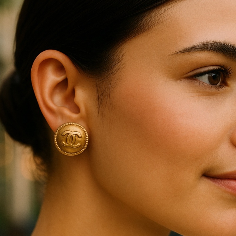 CHANEL Button Clip On Earrings CC logo with rope border. Chanel box included
